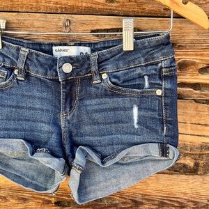 GARAGE | Dark Wash Distressed Stretch Blue Jean Flirty Shorts 1